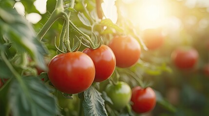 Fresh, ripe red tomatoes growing in an organic greenhouse garden, ready to harvest. 