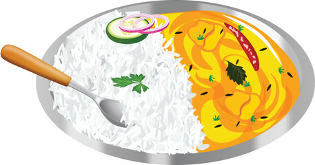 Delicious Kadhi Rice or Kadhi Chawal in a Plate with Spoon Vector Illustration (Royalty Free)	