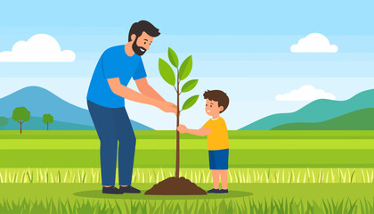 A bearded father in a blue shirt and a young son in a yellow shirt happily planting a green sapling.