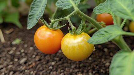 Fresh, ripe red tomatoes growing in an organic greenhouse garden, ready to harvest. 