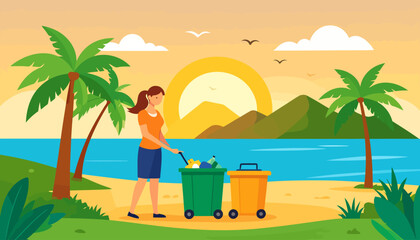 Obraz premium Young woman with a ponytail in an orange shirt collecting trash into a green wheeled bin.