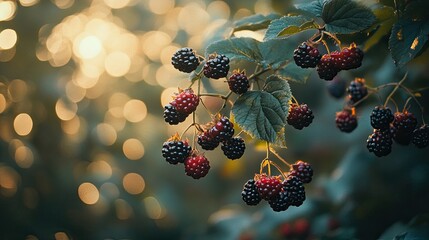 Fresh, ripe wild blackberries hanging from branches. -