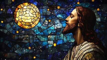 Powerful stained glass-style image of Jesus bathed in sunlight beneath a glowing sky. A striking, uplifting artwork perfect for religious prints, faith-based decor, and inspirational storytelling