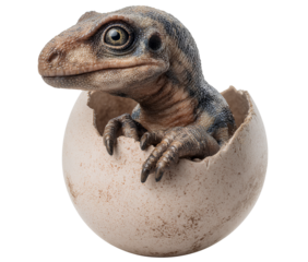 Side angle of newborn dinosaur peeking from egg isolated on transparent background
