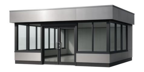 Convenience store building with large glass windows and sliding doors