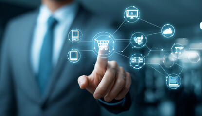 Businessman interacting with digital icons representing e-commerce and technology