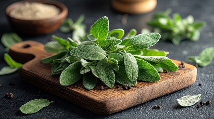 Fresh Sage Sprigs on a Wooden Cutting Board 
