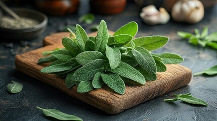 Fresh Sage Sprigs on a Wooden Cutting Board 