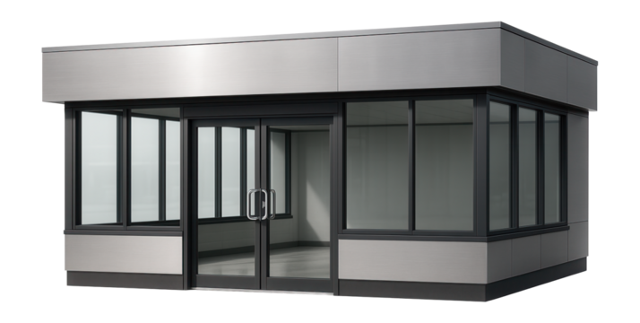 Convenience store building with large glass windows and sliding doors