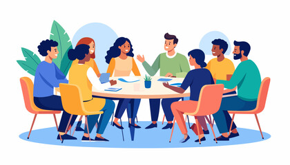 A diverse group of cheerful colleagues collaborating during a productive business meeting around a round table.