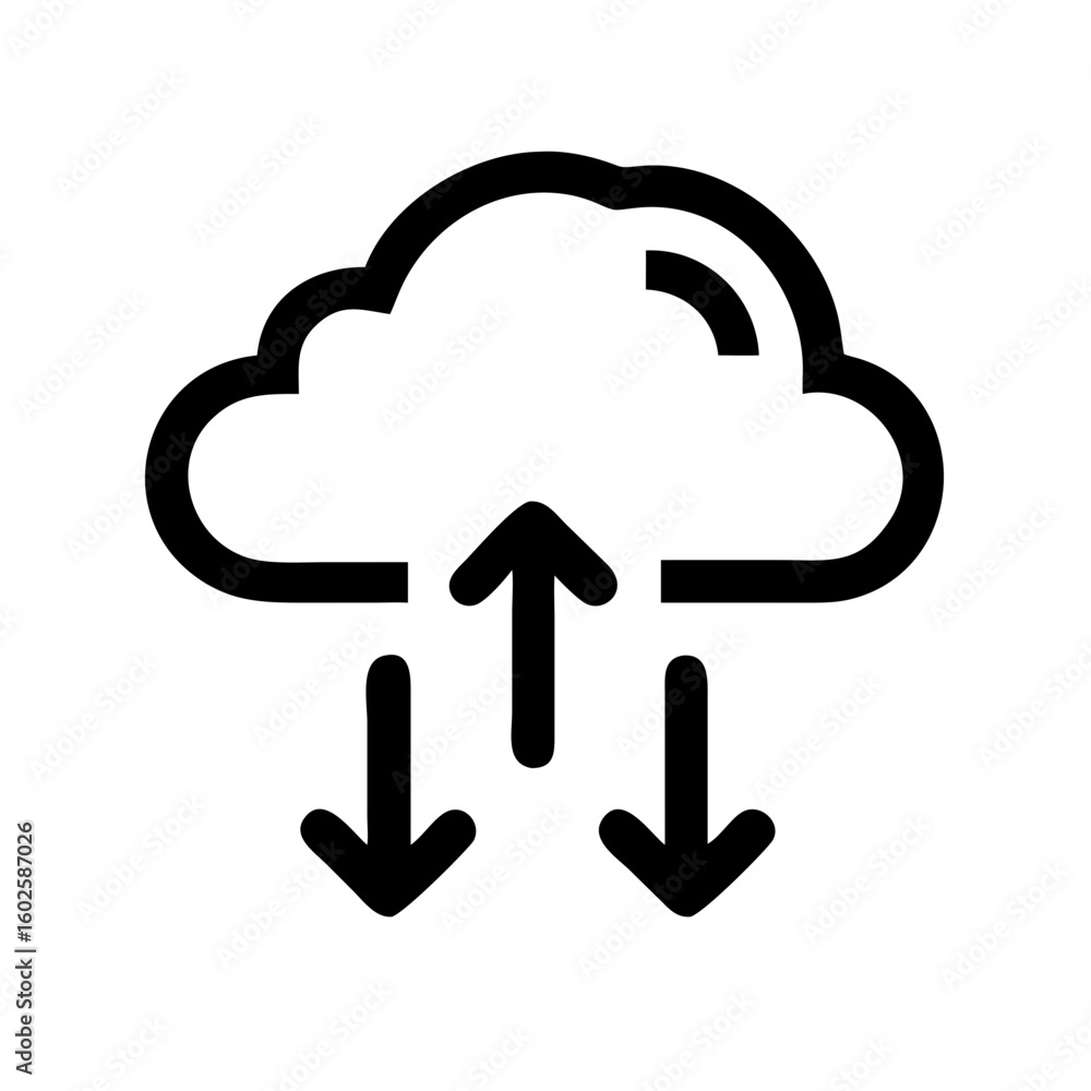 Poster Cloud with data arrows showing transfer and management of information. The cloud storage illustrates network activity and digital connectivity, with arrows indicating data flow and processing.
