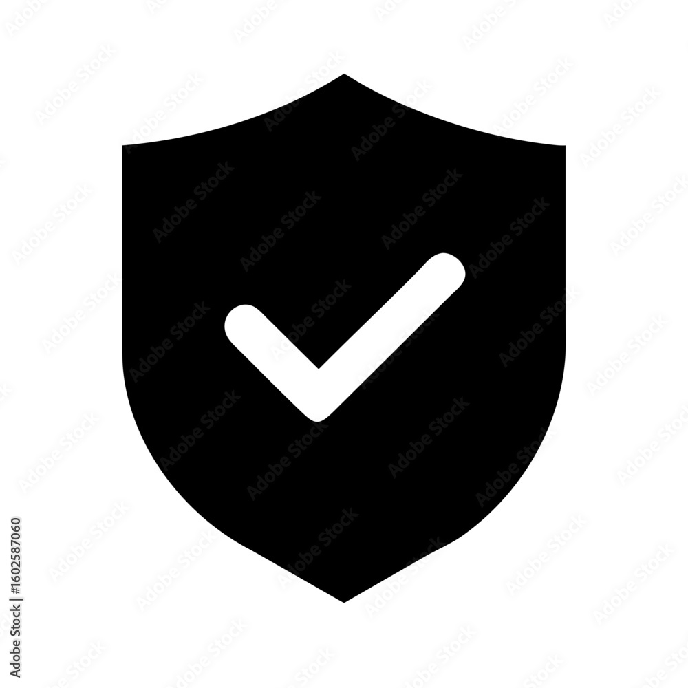 Poster shield with checkmark emblem for secure validation. symbol shield with checkmark for web security, d