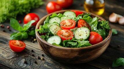 Fresh Salad Bowl with Cucumbers, Cherry Tomatoes, Greens, Herbs, and Olive Oil on a Rustic Wooden Table 