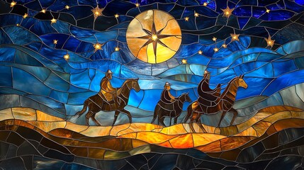 Vivid stained glass artwork showing the Three Kings on camels, guided by the Star of Bethlehem. A bold, spiritual Christmas scene—ideal for festive decor, cards, and religious content