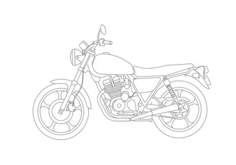 Obraz premium Street bike drawing. It is a black and white outline image of a street bike, a common motorcycle or motorbike designed for urban and road use. Vector sketch line art draw.