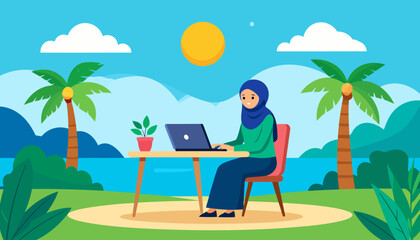 Smiling Muslim woman in a blue hijab and green shirt working on a laptop at a desk.