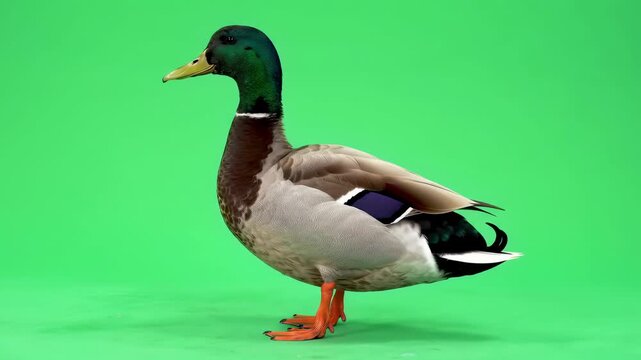 A Mallard duck on a vivid green screen background standing still, concept for chroma key compositing, educational animal content and VFX projects