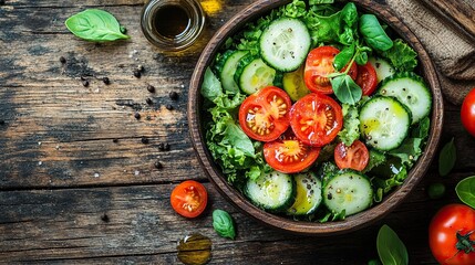 Fresh Salad Bowl with Cucumbers, Cherry Tomatoes, Greens, Herbs, and Olive Oil on a Rustic Wooden Table 
