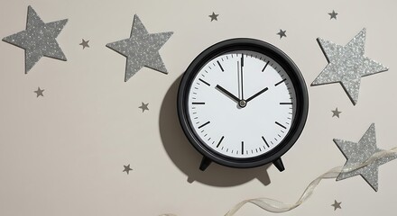 Modern Wall Clock Surrounded by Silver Glitter Stars on Neutral Background for Timely Decor.