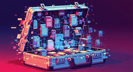 Open suitcase filled with digital data and glowing icons