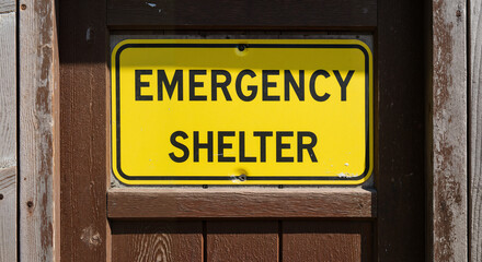 Fototapeta premium Emergency shelter sign displayed on wooden door in outdoor setting 