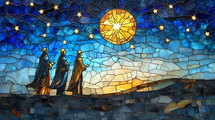 Colorful stained glass scene of the Three Wise Men standing with gifts beneath the Star of Bethlehem. A striking religious image, perfect for Christmas themes, decor, cards, and spiritual content.
