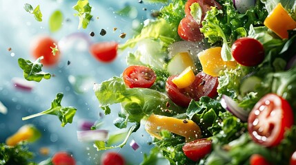 Fresh salad ingredients moving dynamically, illustrating the concept of culinary creativity. -