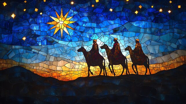 Stained glass-style image of the Three Wise Men on camels following the Star of Bethlehem, vibrant blues and golds, religious Christmas scene, perfect for holiday cards and spiritual themes.