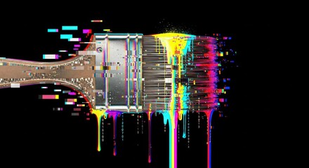 Paintbrush with digital glitch effect and vibrant colors