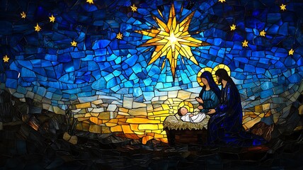 Vibrant stained glass nativity scene featuring Mary, Joseph, and baby Jesus under a radiant starry sky. Religious Christmas artwork with rich blue, gold, and sacred tones