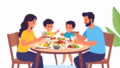 Happy family of four enjoying a healthy meal together at a round dining table.