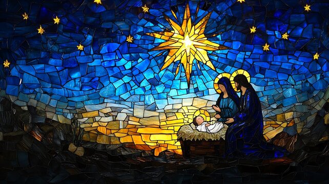 Vibrant stained glass nativity scene featuring Mary, Joseph, and baby Jesus under a radiant starry sky. Religious Christmas artwork with rich blue, gold, and sacred tones