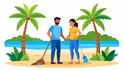 A happy couple holding hands while volunteering to clean up a polluted tropical beach together, using a broom and dustpan.