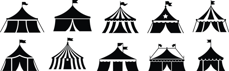 Circus tent silhouette vector set, big top carnival tent icons, festival fairground tent clipart, black graphic amusement illustrations