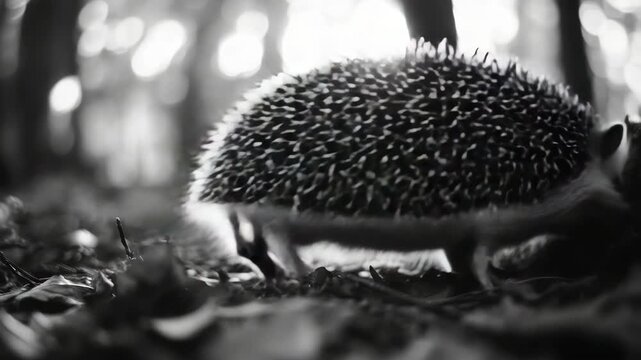 Cute hedgehog walking through woods, focused on a tasty treat.