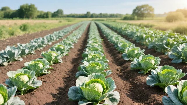 Wide view of neatly planted cabbage rows growing in brown soil under bright sun on an open agricultural field. Organic farming landscape. Natural growth.