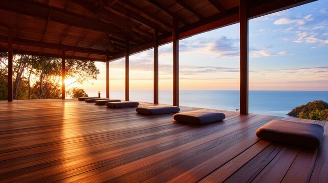 Serene meditation space overlooking the ocean at sunset with tranquil atmosphere and cushions - Powered by Adobe