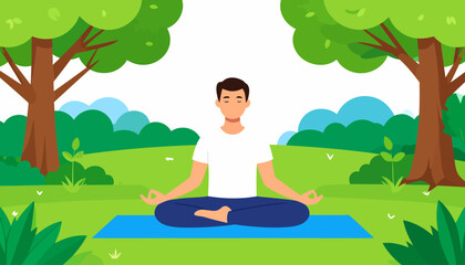 A calm young man with closed eyes meditating in the lotus pose on a blue yoga mat.
