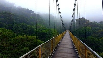 Obraz premium Foggy suspension bridge surrounded by lush greenery, evoking a sense of adventure and tranquility