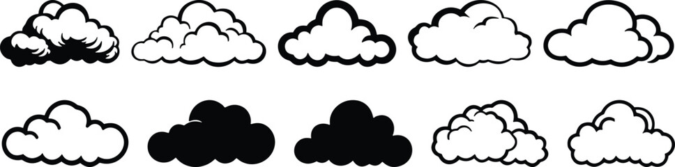 Cloud silhouette and outline vector set – cartoon and realistic style icons