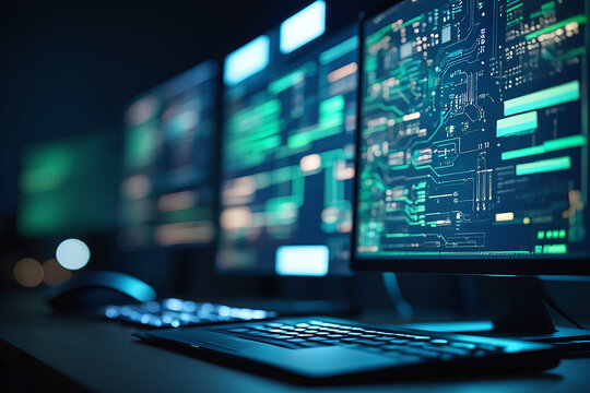 Digital circuit displays glowing blue and green computer monitors