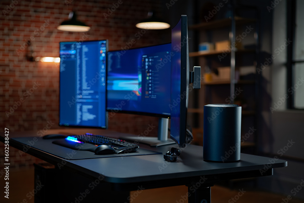 Poster dual monitors keyboard mouse wireless earbuds computer setup