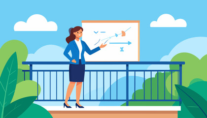 Confident businesswoman in a blue suit presenting a business strategy on a whiteboard outdoors.