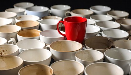 Red mug amidst many dirty cups