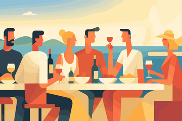 Stylized group of friends enjoying wine and food at a seaside restaurant during sunset. Modern flat illustration perfect for summer, vacation, and lifestyle themes.

