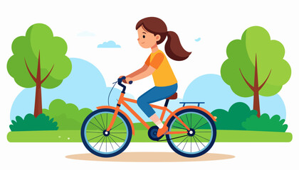 Cheerful young girl with a brown ponytail riding a vibrant orange bicycle with blue wheels.
