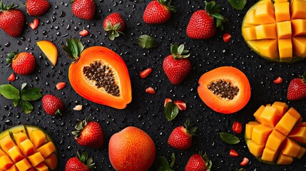 Fresh Strawberries, Papaya, and Mango Fruits Scattering Isolated on Transparent Background