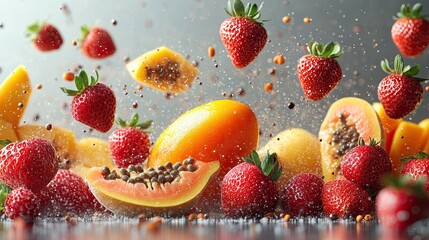 Fresh Strawberries, Papaya, and Mango Fruits Scattering Isolated on Transparent Background