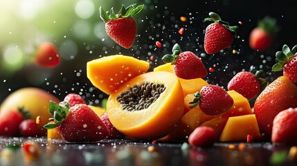 Fresh Strawberries, Papaya, and Mango Scattering in the Air on a Transparent Background -