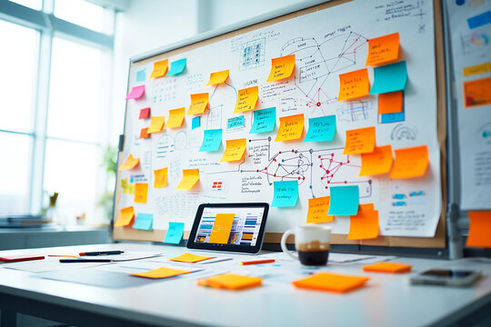 Whiteboard planning with colorful sticky notes and tablet